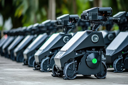 A series of robotic devices are arranged neatly in a row at a technology hub, showcasing innovation.の写真素材