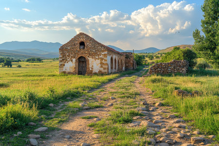 An old, weathered farmhouse sits peacefully in a green landscape, with mountains in the background and a clear sky.の写真素材