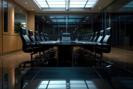 A spacious conference room features a sleek black table, comfy chairs, and bright overhead lights.の写真素材