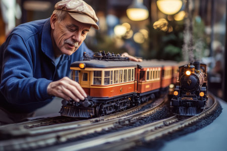 A man carefully adjusts a miniature train on a detailed track setup in a warm, inviting space.の素材