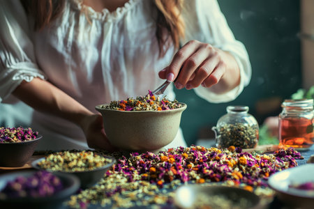 A person mixes colorful dried flowers while surrounded by various herbal materials and jars.の写真素材