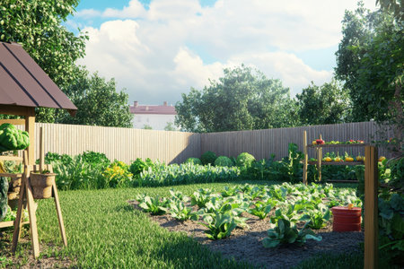 A vibrant vegetable garden features diverse crops thriving under a bright blue sky and lush greenery.の写真素材