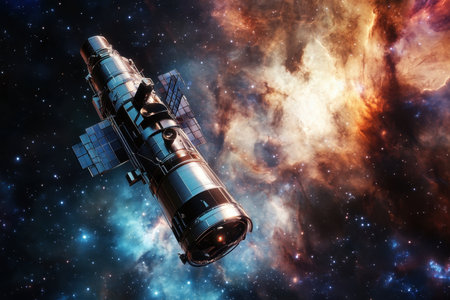 Hubble Space Telescope orbits Earth, capturing stunning images of galaxies and nebulae in deep space.の写真素材