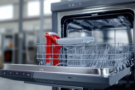 A dishwasher with an open door displays clean dishes and utensils, showcasing a convenient kitchen tool.の写真素材