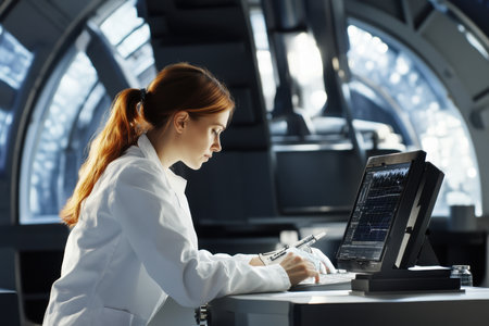 A researcher analyzes data on a screen while seated in a high-tech lab during a late night session.の写真素材