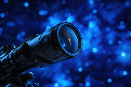 Close-up of a high-quality lens against a vibrant blue backdrop, highlighting advanced optical features and design.の写真素材