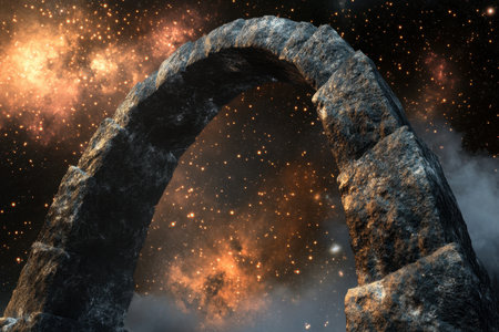 A towering stone arch stands amidst swirling cosmic clouds and radiant stars, creating a mystical atmosphere.の写真素材