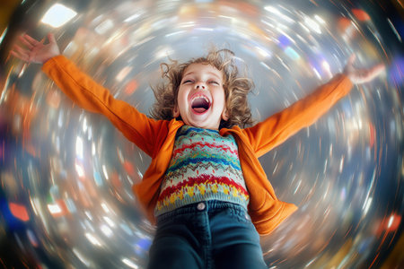 A young child with curly hair spins around with arms wide, expressing pure joy in a colorful environment.の写真素材