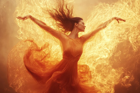 A dancer elegantly moves with her arms extended, surrounded by fiery colors, creating a striking visual impact.の写真素材