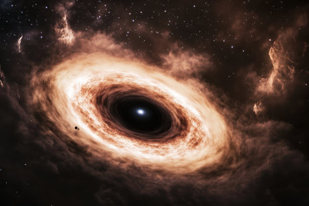 A mesmerizing galaxy showcases a black hole surrounded by glowing gas and dust, highlighting cosmic beauty.の写真素材