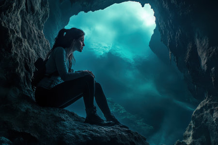 A woman sits peacefully in a cave, surrounded by stunning blue light and rock formations, lost in thought.の写真素材