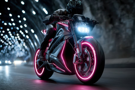 A rider navigates a sleek motorcycle with bright neon lights in a dark tunnel with artistic lighting.の写真素材