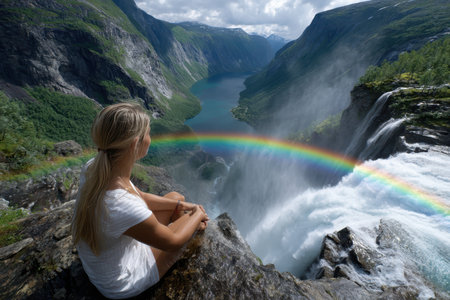 A woman sits on a rock, peacefully gazing at a stunning waterfall and rainbow in the sunlit Norwegian fjords.の写真素材