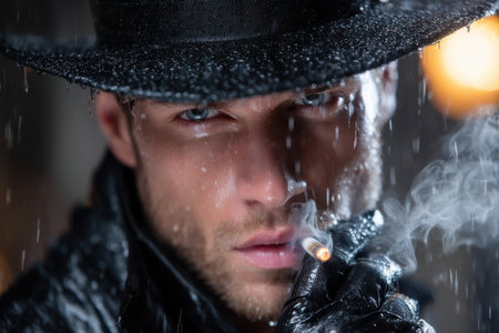 A man with striking blue eyes smokes a cigarette while standing in the rain, wearing a dark hat and coat.の写真素材