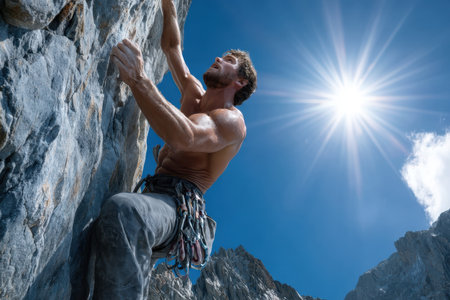 A shirtless climber ascends a steep rock face on a sunny day in the mountains, showing determination.の写真素材