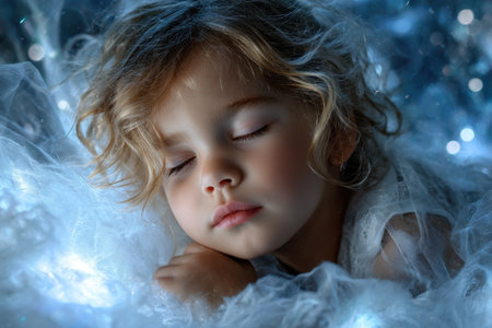 A sweet child rests with eyes closed, surrounded by soft fabric and twinkling lights in a cozy atmosphere.の写真素材
