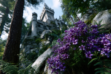 A majestic castle looms amidst towering trees, while bright purple flowers bloom in the foreground.の写真素材