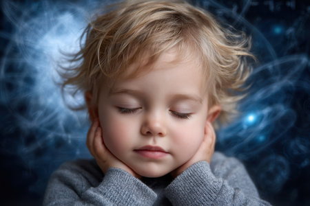 A young child with curly hair enjoys a moment of peace, eyes closed, in a serene environment at home.の写真素材