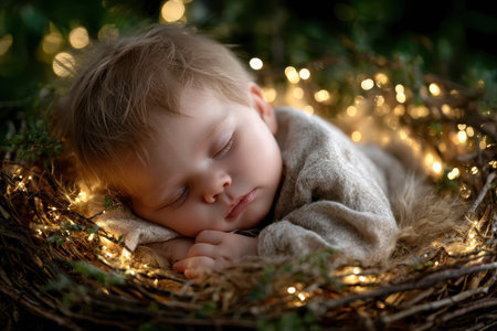 A peacefully sleeping baby rests in a nest filled with soft foliage and glowing fairy lights.の写真素材