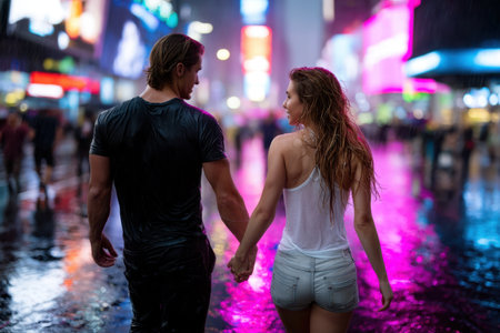 A young couple walks hand in hand through Times Square, surrounded by colorful lights and rain, enjoying the moment.の写真素材