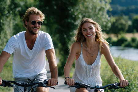 A couple enjoys a joyful bike ride together on a sunny day surrounded by greenery and water.の写真素材