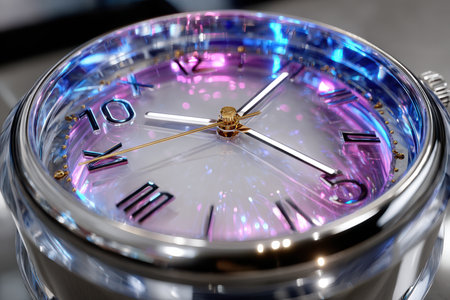 A close-up view reveals a stylish watch featuring a vibrant dial with shimmering colors and metallic accents.の写真素材