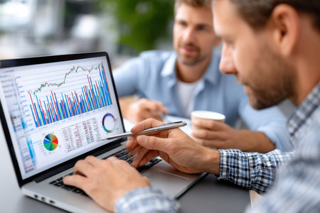 Two individuals collaborate on financial analysis while using a laptop in a contemporary office setting.の写真素材