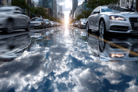 Cars line a wet city street, reflecting a dramatic sky filled with clouds as the sun sets in the background.の写真素材