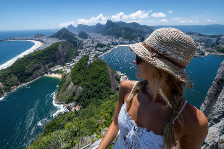 Viewers see a woman wearing a hat admiring the breathtaking landscape of Rio de Janeiro under clear skies.の写真素材