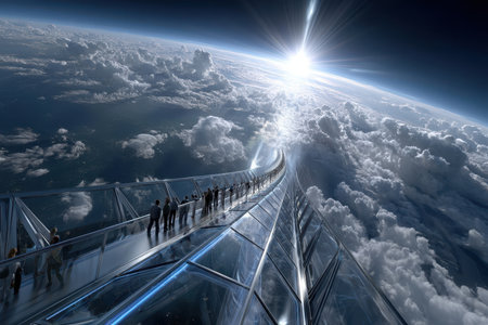 People walk along a futuristic skywalk, surrounded by clouds and a breathtaking view of the sun above.の写真素材