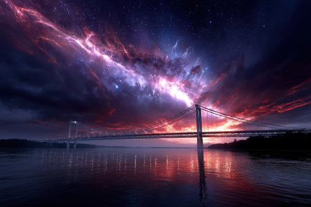 Vibrant colors fill the sky as a bridge stands tall over the water during an enchanting sunset.の写真素材