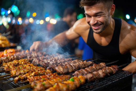 A man skillfully grills skewers of meat at a lively night market under colorful lights, showcasing culinary talents.の写真素材