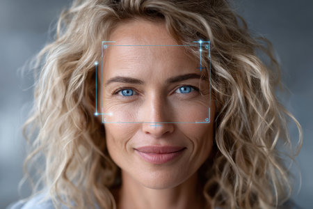 A woman with curly blonde hair and striking blue eyes smiles softly, showing a warm expression.の写真素材