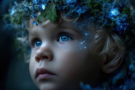 A child gazes upward with captivating blue eyes, adorned by a crown made of flowers in a magical atmosphere.の写真素材