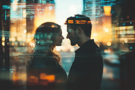 A couple shares an intimate moment as city lights glow around them at sunset, highlighting their connection.の写真素材