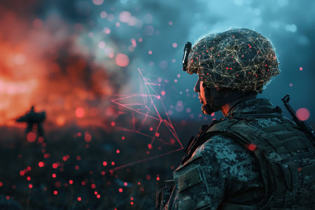 A soldier stands in the foreground, gazing at a fiery battlefield, digital patterns enhancing the moment.の写真素材