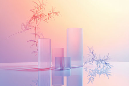 Elegant glass vases in various heights stand on a reflective surface, accented by soft pastel colors and foliage.の写真素材