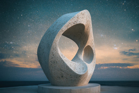 An artistic stone sculpture is illuminated under a starry sky near the ocean at twilight.の写真素材