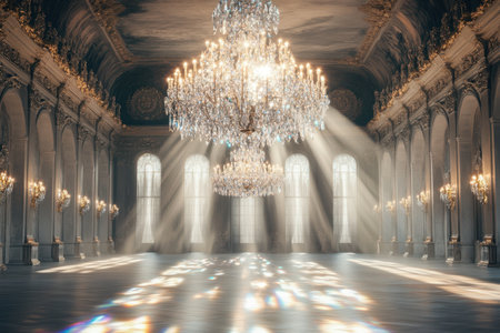 A grand ballroom features an ornate chandelier surrounded by tall windows allowing sunlight to stream in.の写真素材