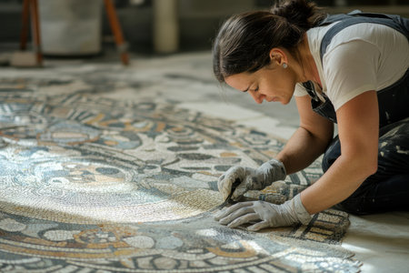 A dedicated artisan carefully restores an intricate mosaic in a workshop, showcasing precise techniques and artistry.の写真素材