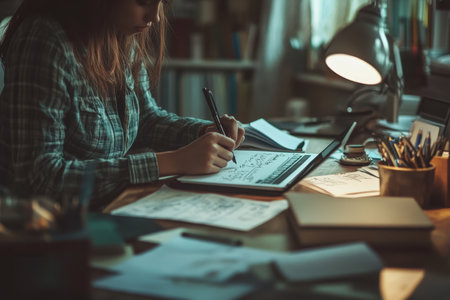 Individually focused on writing notes with a pen at a cluttered desk, surrounded by books and stationery.の写真素材
