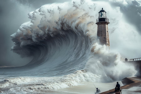 Fishermen stand near the shore as enormous waves surge toward a lighthouse under dramatic skies.の写真素材