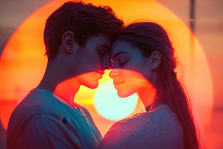 Two people lean toward each other during a sunset, surrounded by vibrant colors highlighting their connection.の写真素材