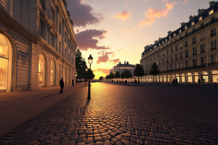 Warm light reflects on the cobblestones of a Paris street during a stunning sunset, creating a serene atmosphere.の写真素材