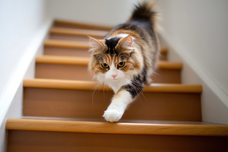 A fluffy cat walks down the steps in a bright corridor, showing its elegance and curiosity.の写真素材
