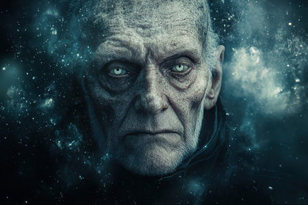 An elderly man with piercing eyes stares intensely, engulfed in a cosmic backdrop filled with stars.の写真素材