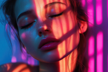 A model relaxes as colorful light patterns create striking contrasts across her face, enhancing her beauty.の写真素材