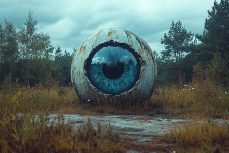 An enormous, surreal eye sculpture rests in a forest, surrounded by tall grass and overcast skies, evoking curiosity.の写真素材