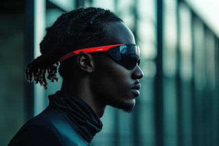 A young athlete sports sleek sunglasses while gazing towards the horizon during twilight hours.の写真素材