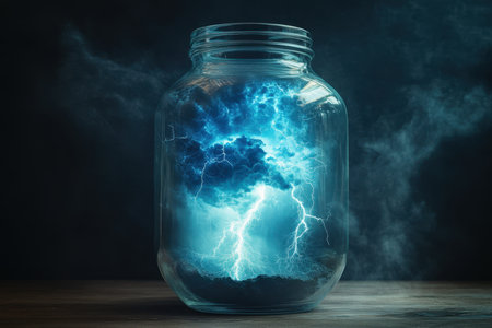 A swirling storm cloud enclosed in a glass jar emits bright blue lightning and smoke, depicting nature's power.の写真素材